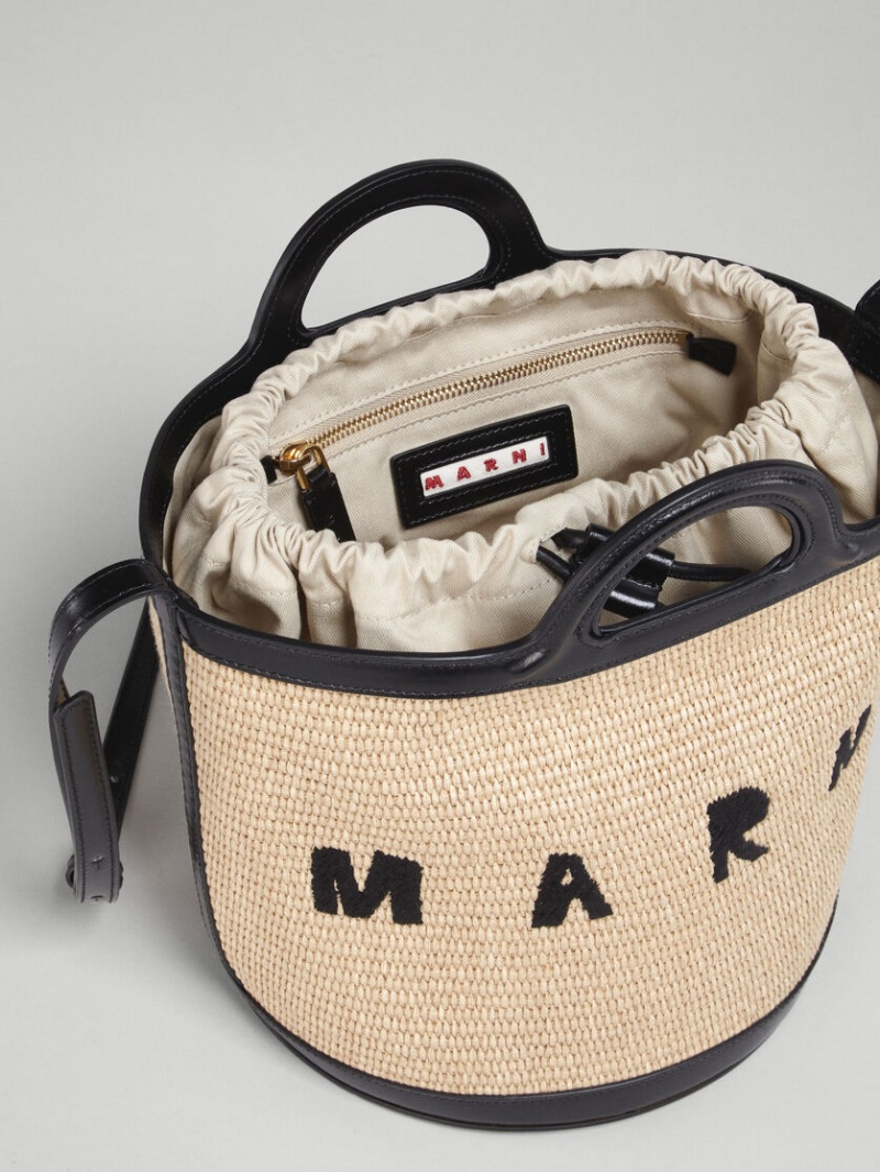 Marni Tropicalia Small Bucket Bag Läder And Raffia Svarta | LSETR47981