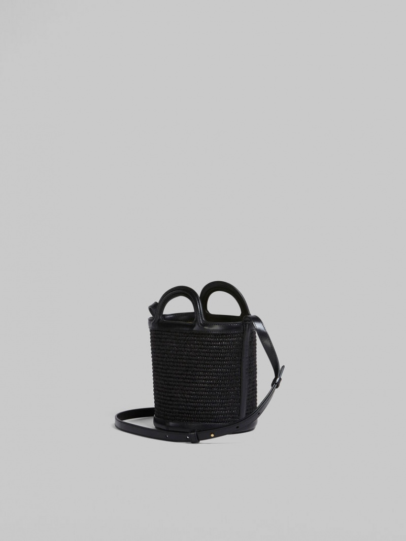 Marni Tropicalia Small Bucket Bag Läder And Raffia Svarta | FSEHY25135