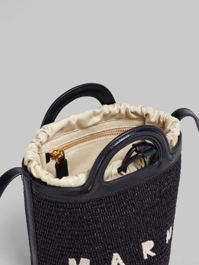 Marni Tropicalia Small Bucket Bag Läder And Raffia Svarta | FSEHY25135