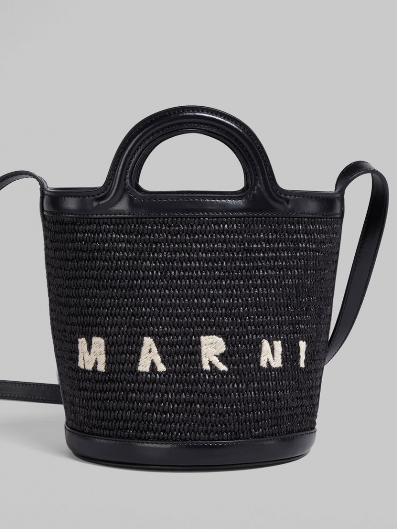 Marni Tropicalia Small Bucket Bag Läder And Raffia Svarta | FSEHY25135