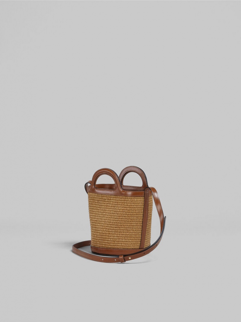 Marni Tropicalia Small Bucket Bag Läder And Raffia Bruna | SEEAH10329