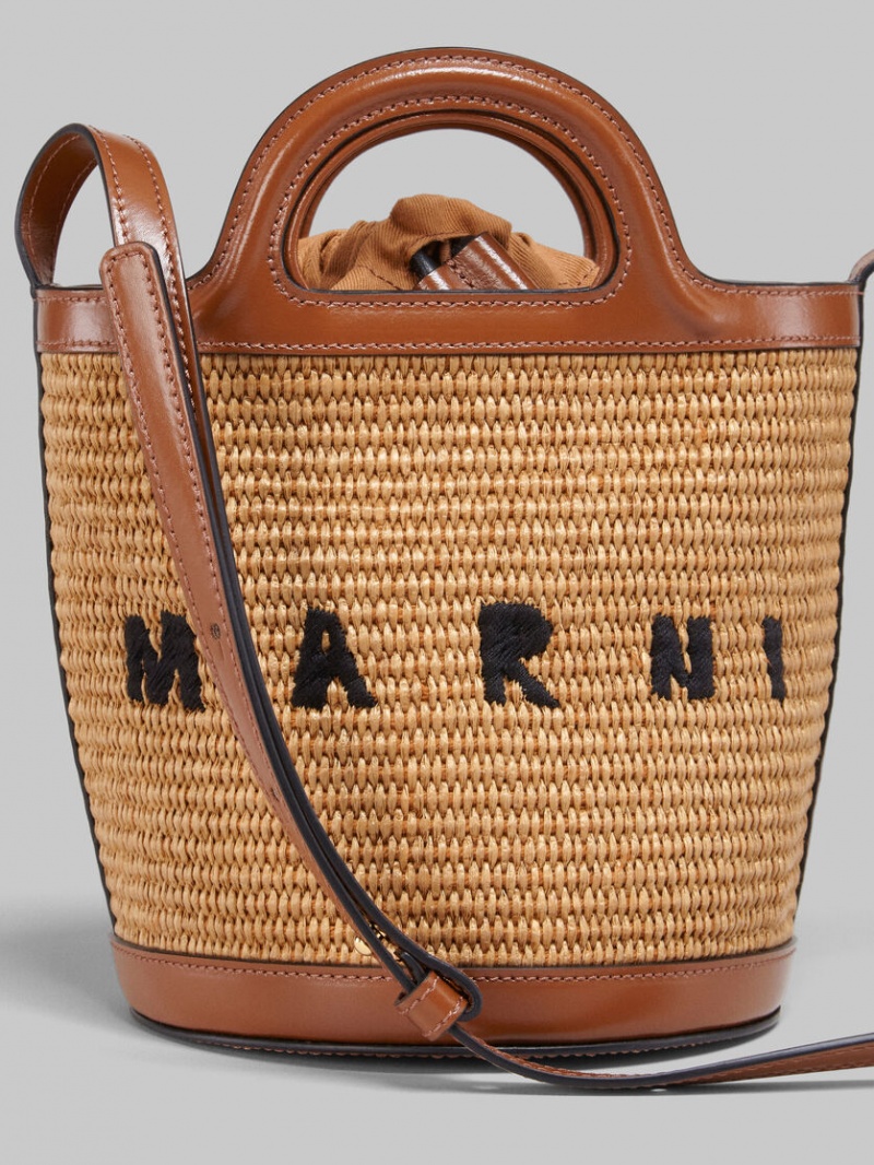 Marni Tropicalia Small Bucket Bag Läder And Raffia Bruna | SEEAH10329