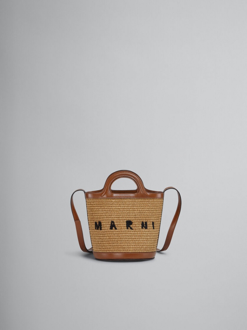 Marni Tropicalia Small Bucket Bag Läder And Raffia Bruna | SEEAH10329