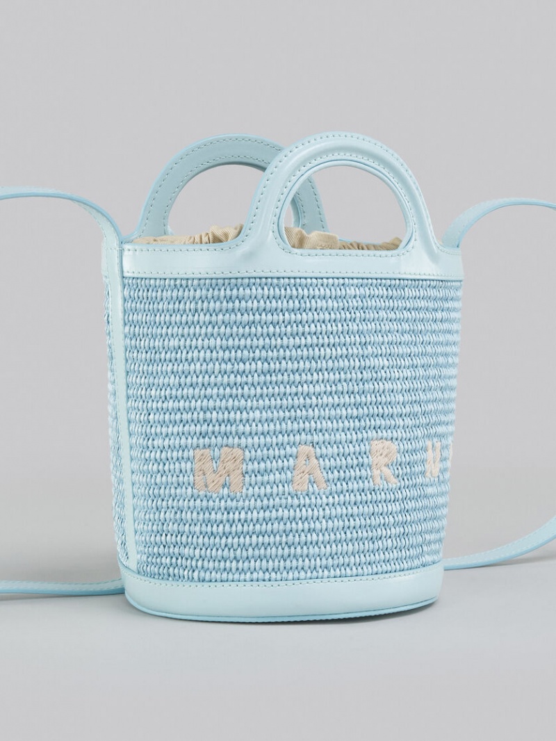 Marni Tropicalia Small Bucket Bag Läder And Raffia Ljusblå | SENEJ92095