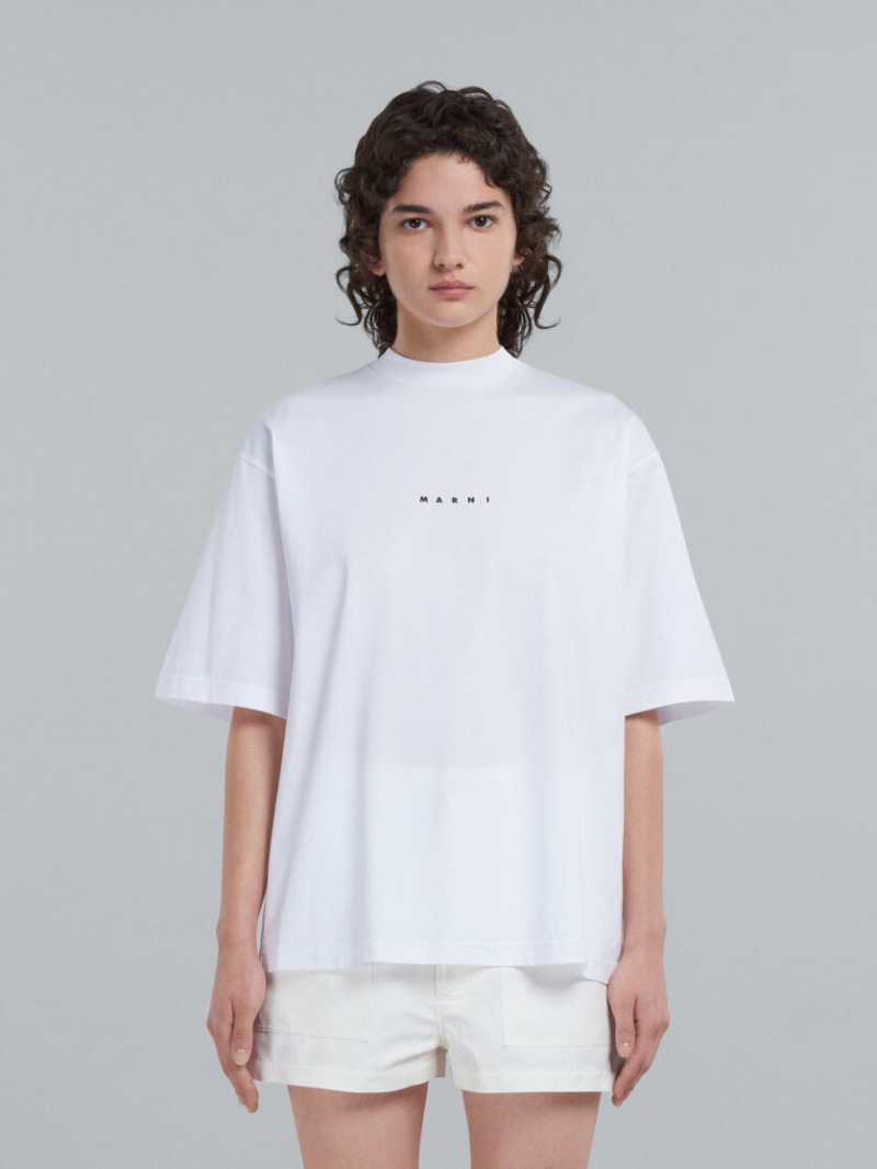 Marni T-shirt In White Bio Bomull With Logo Vita | QSEUV86659