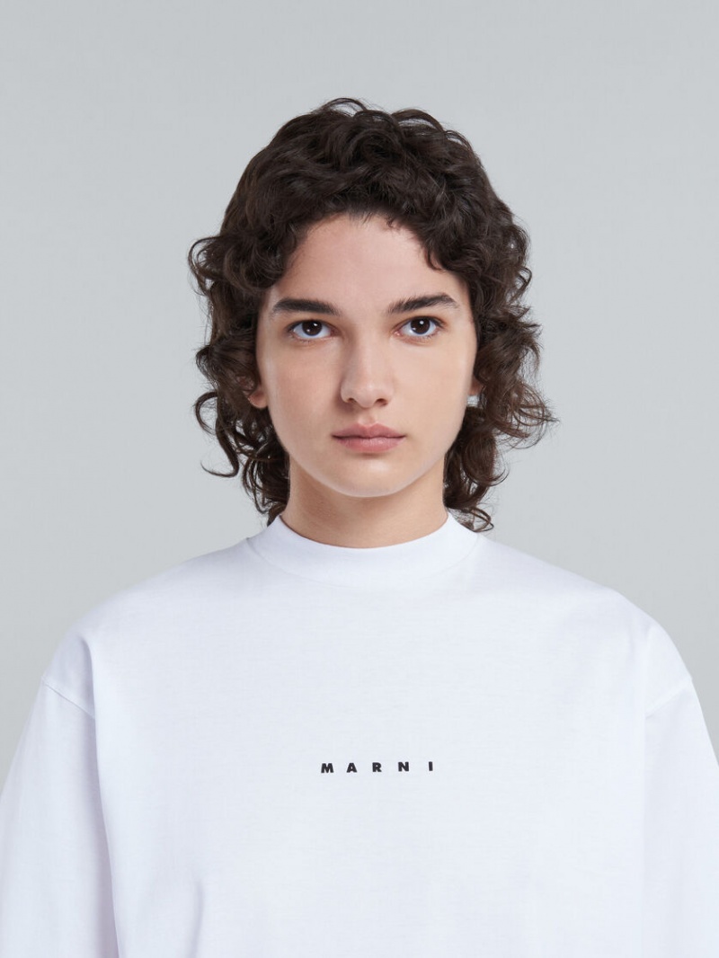 Marni T-shirt In White Bio Bomull With Logo Vita | QSEUV86659