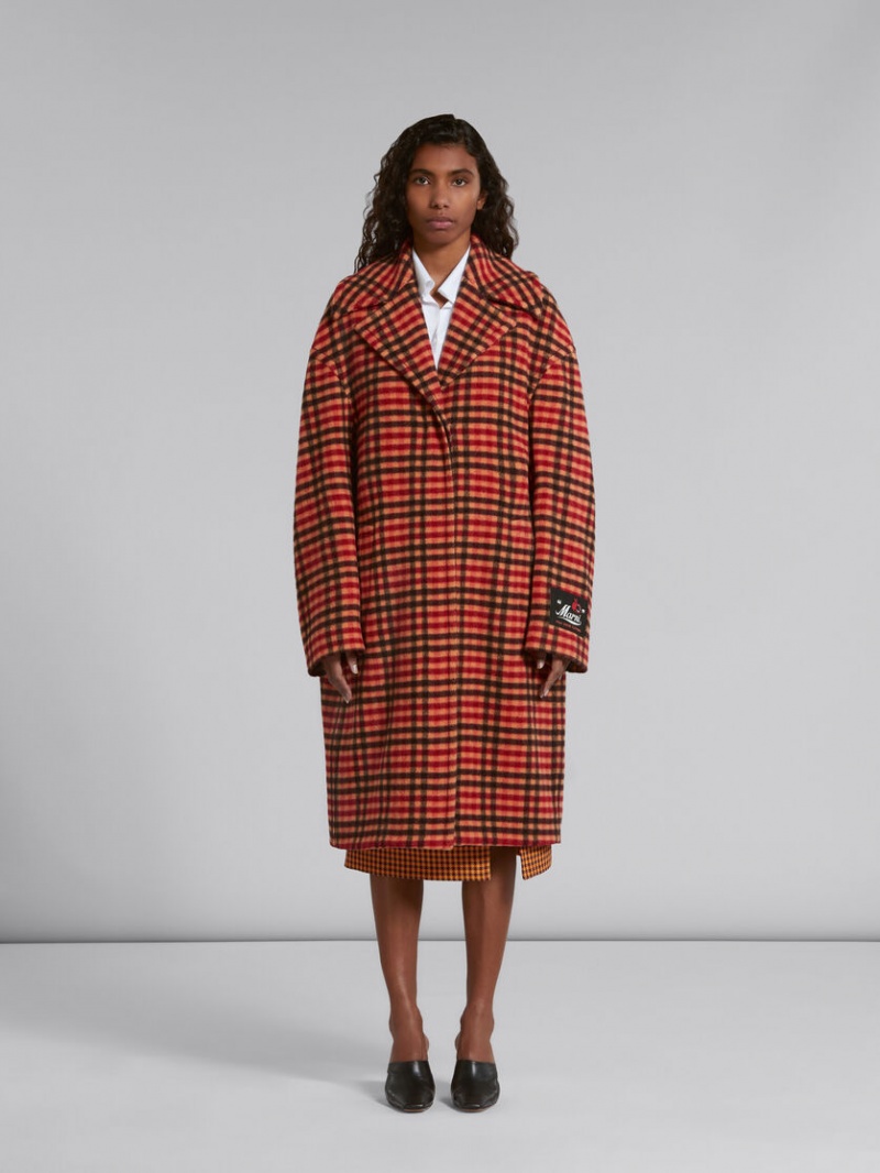 Marni Ull Felt Coat With Wavy Check Pattern Orange | USEND97067