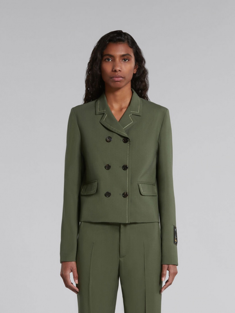 Marni Ull Jacket With Contrast Stitching Gröna | FSEUI44903