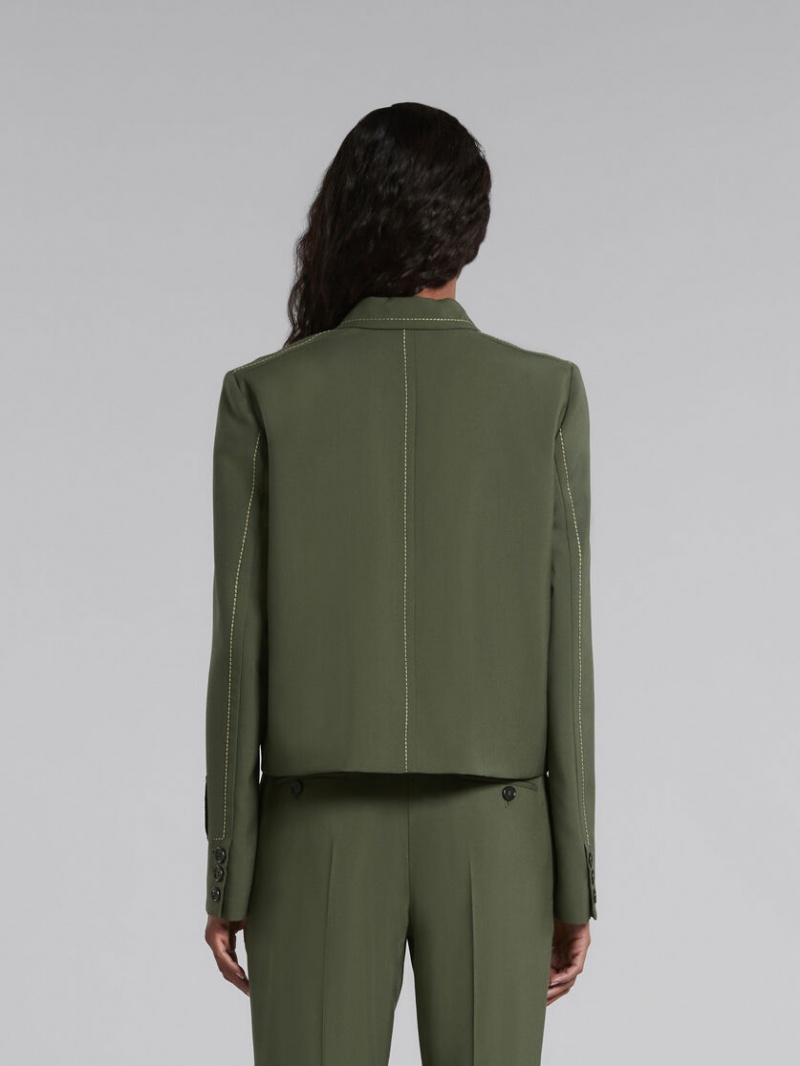 Marni Ull Jacket With Contrast Stitching Gröna | FSEUI44903