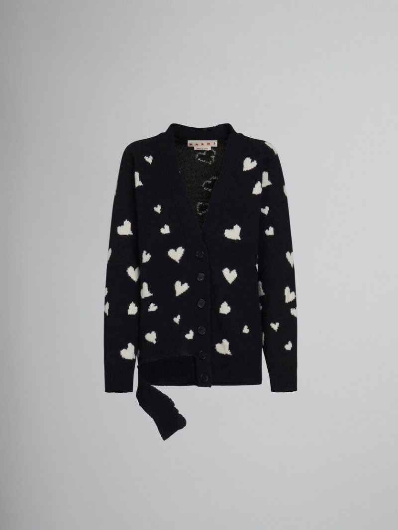 Marni Ull Long Cardigan With Bunch Of Hearts Motif Svarta | DSEVO54410