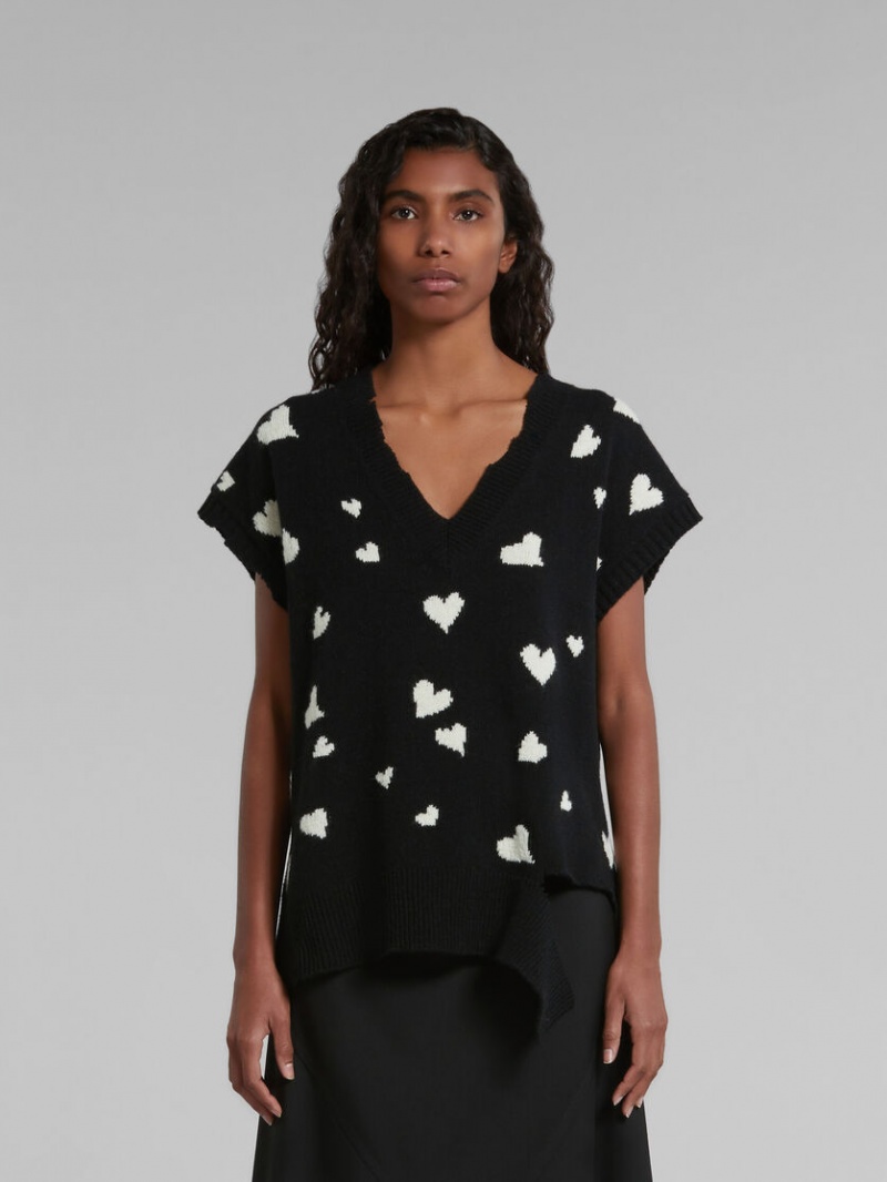 Marni Ull Vest With Bunch Of Hearts Print Svarta | PSEQX71644