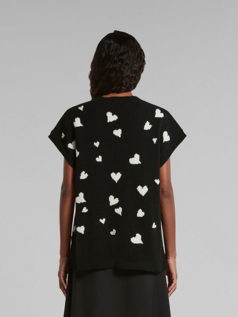 Marni Ull Vest With Bunch Of Hearts Print Svarta | PSEQX71644