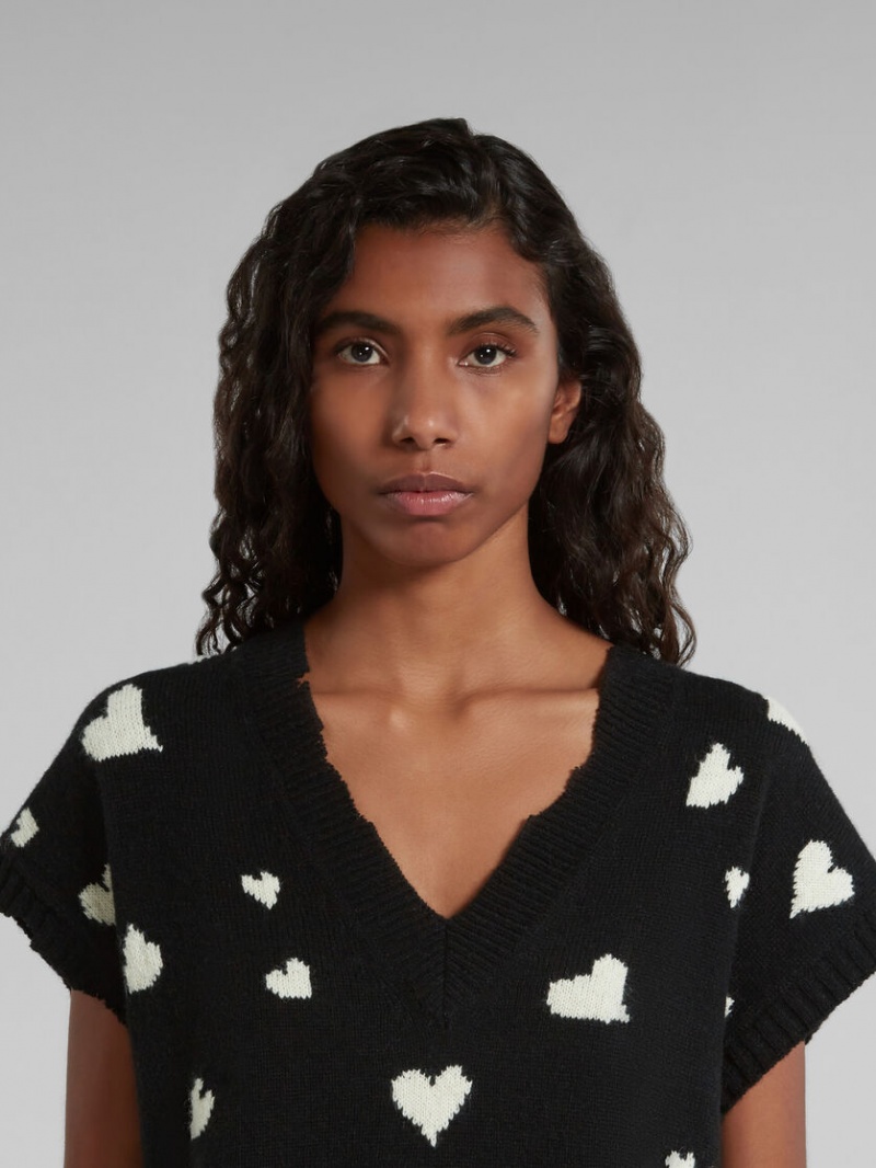 Marni Ull Vest With Bunch Of Hearts Print Svarta | PSEQX71644