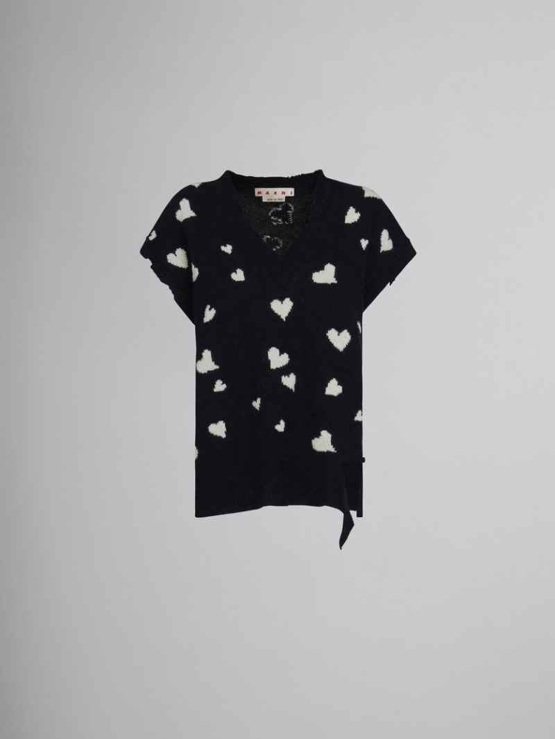 Marni Ull Vest With Bunch Of Hearts Print Svarta | PSEQX71644